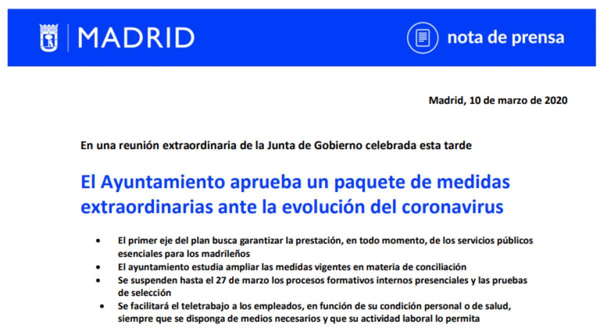 DOCUMENTO: El Ayuntamiento de Madrid aprueba un paquete de medidas extraordinarias ante la evolucin del coronavirus