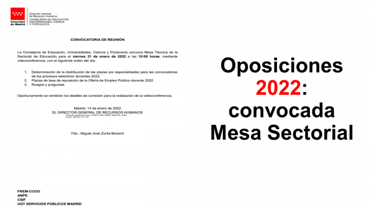 Oposiciones 2022: convocada Mesa Sectorial 21 de enero 2022