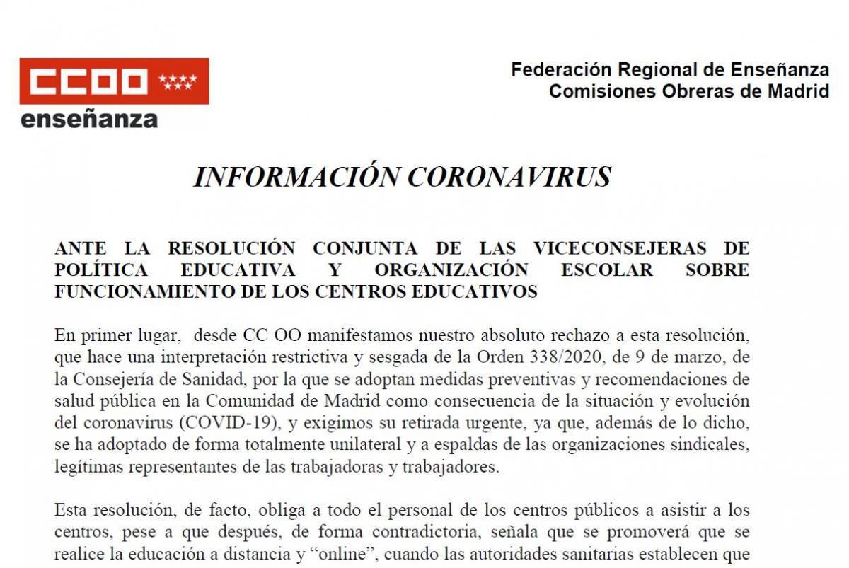 Comunicado de CCOO que rechaza la resolucin conjunta de las viceconsejeras