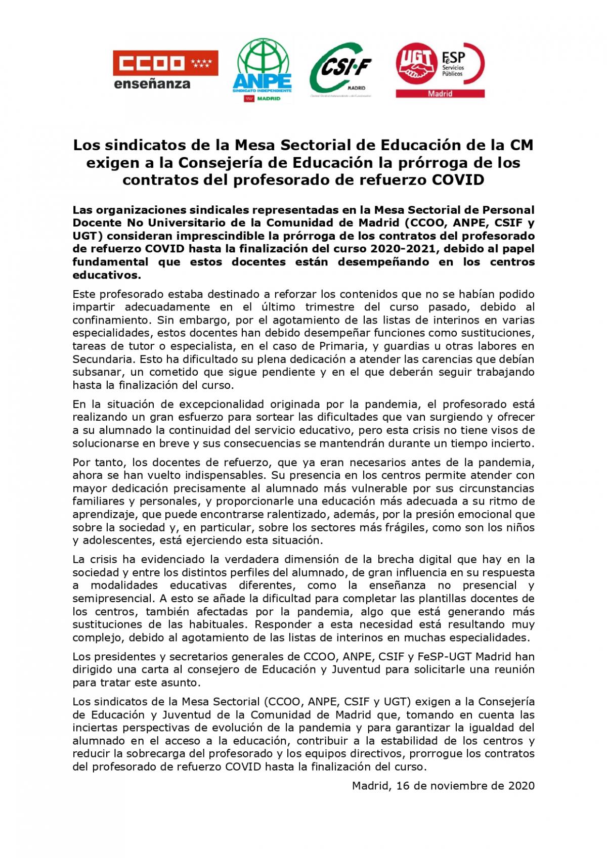 Los sindicatos de la Mesa Sectorial de Educación exigen a la Consejería de Educación la prórroga de los contratos del profesorado de refuerzo COVID