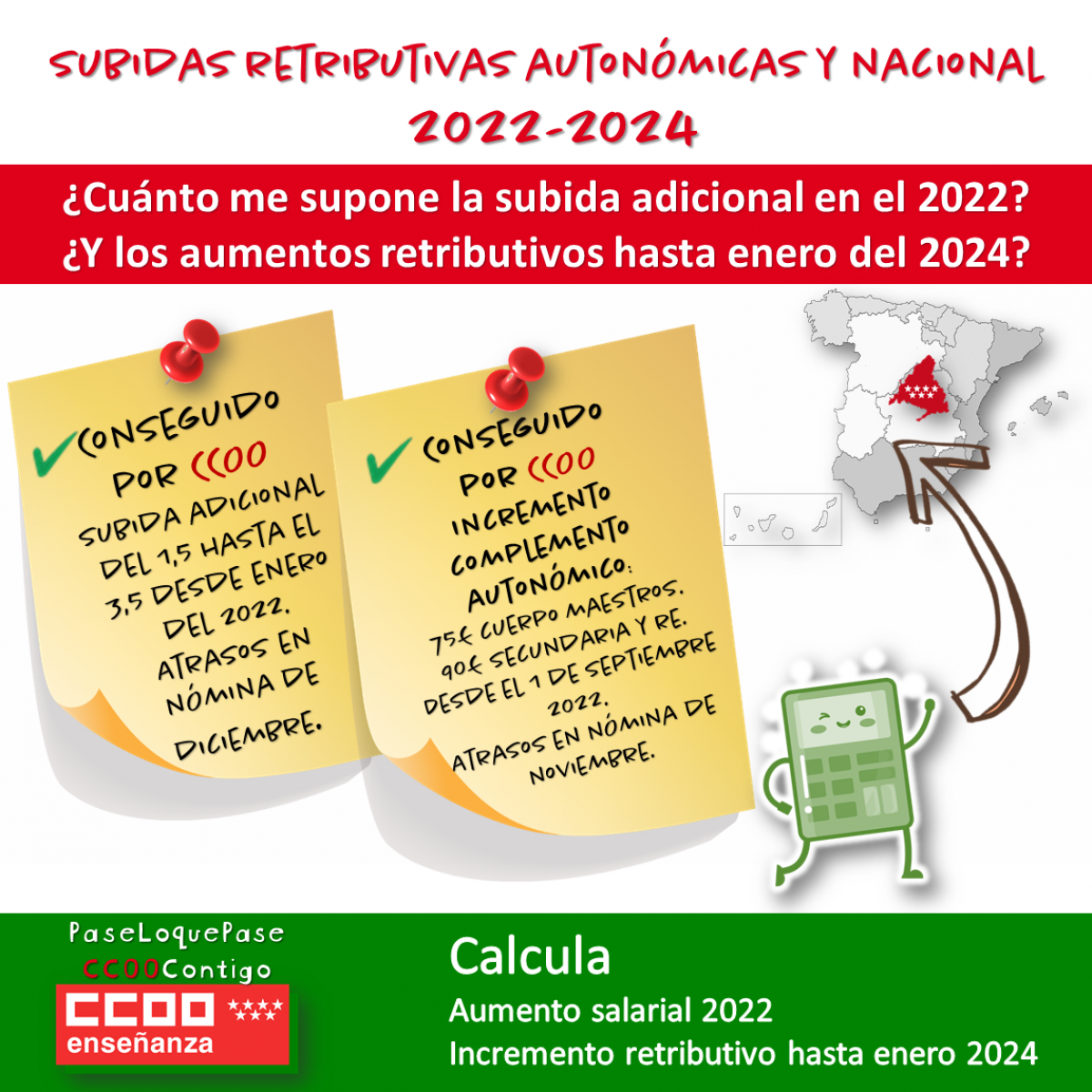 Subidas retributivas autonmicas y nacional 2022-2024 conseguido por CCOO