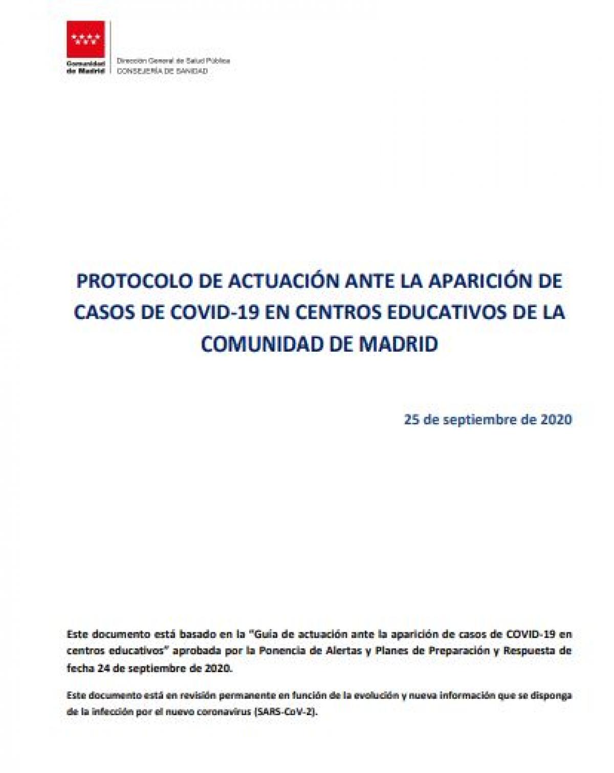 Protocolo de actuacin ante la aparicin de casos de covid-19 en centros educativos de la Comunidad de Madrid